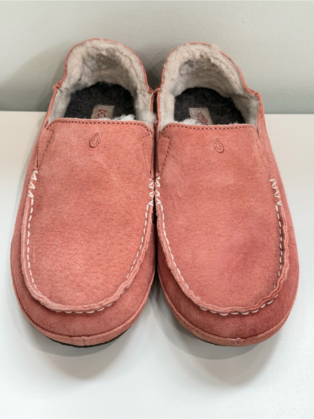 Olukai Nohea Slipper Womens 8 Pink Suede Shearling Fur Lined Moccasin Shoes